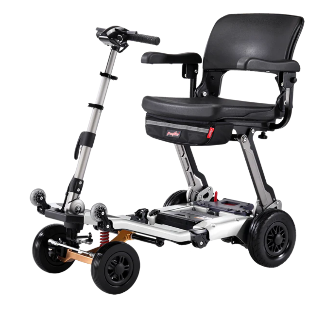 The FreeRider Luggie Super Plus 4 Travel Scooter is a compact, foldable four-wheel scooter with a padded black seat, armrests, handlebars, and sturdy frame for convenient transport and enhanced mobility.